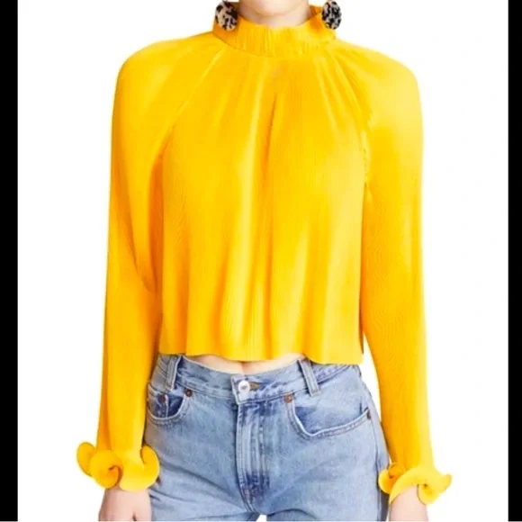 Tibi Tops Tibi Pleated Cropped Ruffle Top In Sunray Yellow